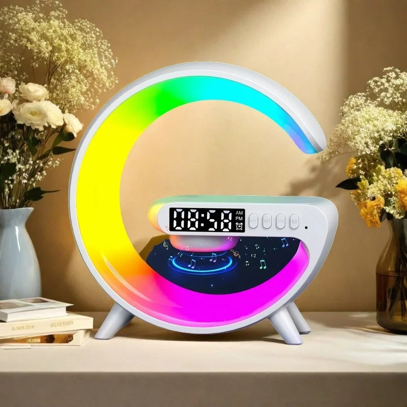 G Lamp G 6 3 4-in-1 Bluetooth Speaker with Wireless Charger, RGB LED Night Light, Digital Alarm Clock, Desk & Bedside Lamp – Multi-Function USB Speaker & Study Table Lamp with Colourful Light