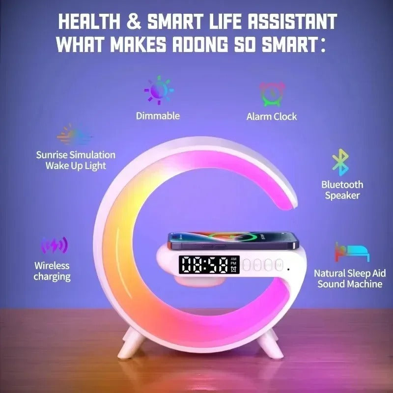 G Lamp G 6 3 4-in-1 Bluetooth Speaker with Wireless Charger, RGB LED Night Light, Digital Alarm Clock, Desk & Bedside Lamp – Multi-Function USB Speaker & Study Table Lamp with Colourful Light