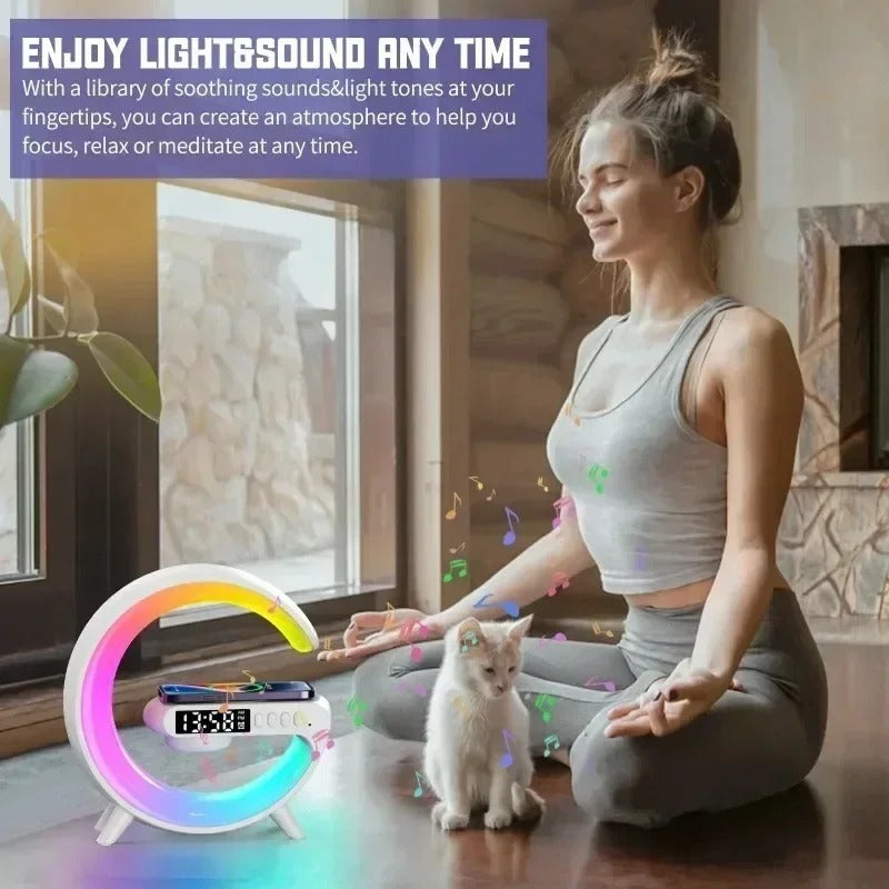 G Lamp G 6 3 4-in-1 Bluetooth Speaker with Wireless Charger, RGB LED Night Light, Digital Alarm Clock, Desk & Bedside Lamp – Multi-Function USB Speaker & Study Table Lamp with Colourful Light